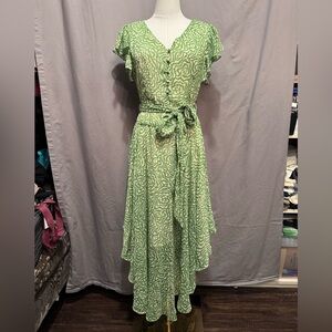 Vince Camuto Maze Print
Flutter Sleeve Asymmetric Hem
Midi Dress - Size S